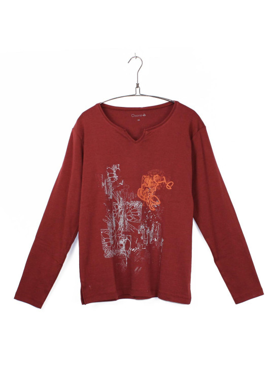 T-shirt bordeaux CHALON2B col V imprimé fantaisie coton femme