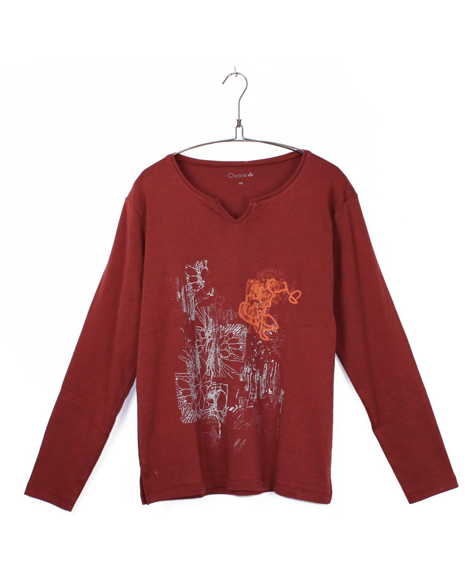 T-shirt bordeaux CHALON2B col V imprimé fantaisie coton femme