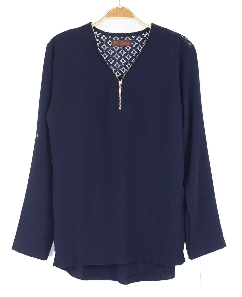 Tunique marine femme – Col zippé, dentelle dos, manches pratiques