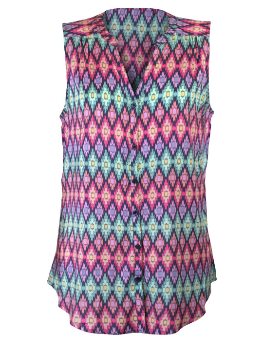 Chemisier femme rose/bleu – Viscose, col rond, coupe confort