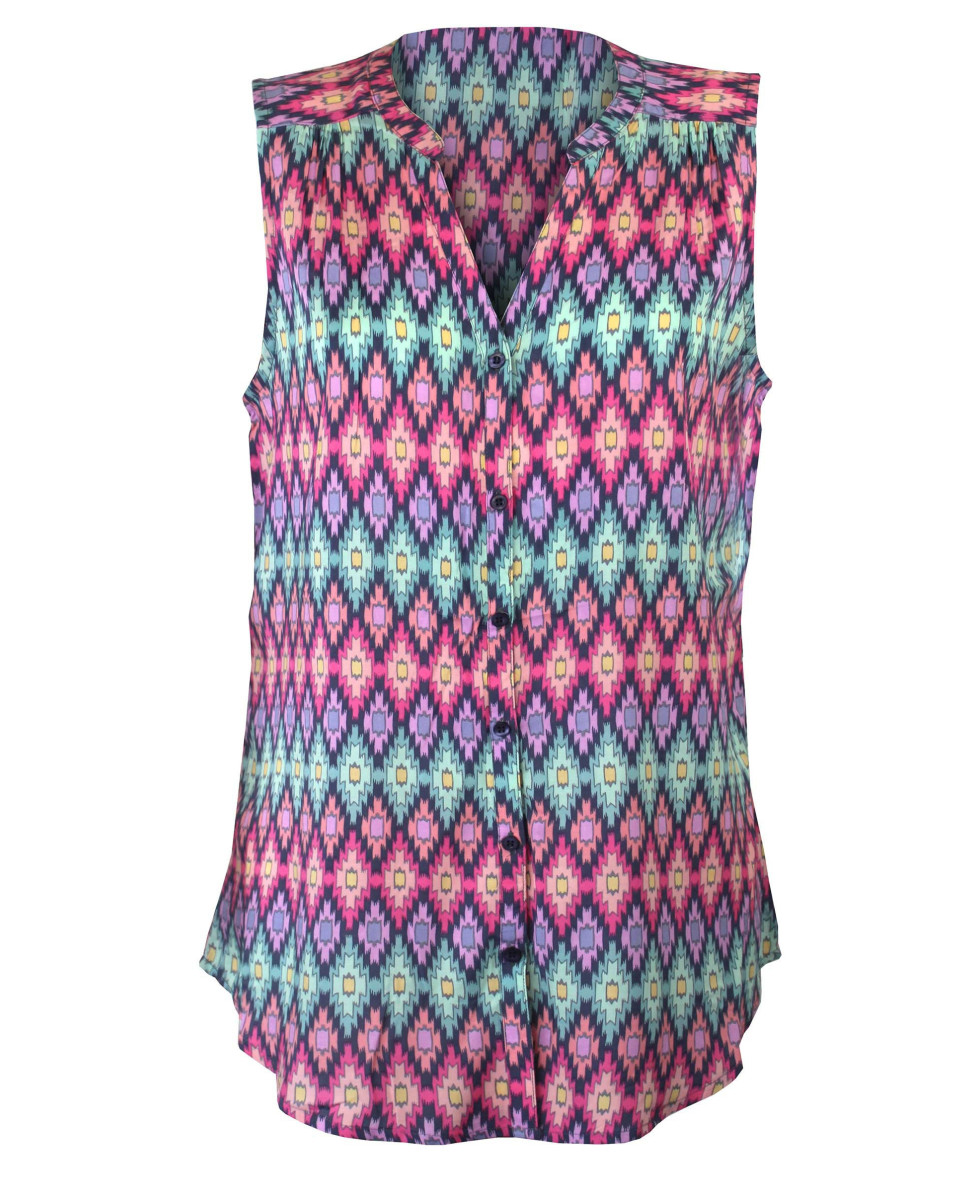 Chemisier femme rose/bleu – Viscose, col rond, coupe confort