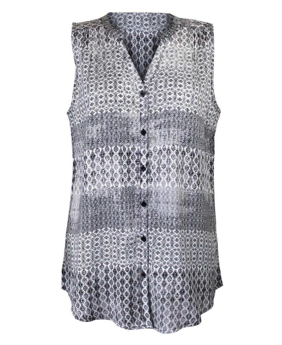 Chemisier femme blanc/noir – Coupe confort, manches courtes, viscose