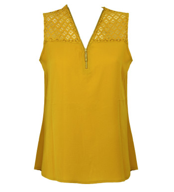 Top sans manches jaune femme – Dentelle, zip doré, polyester