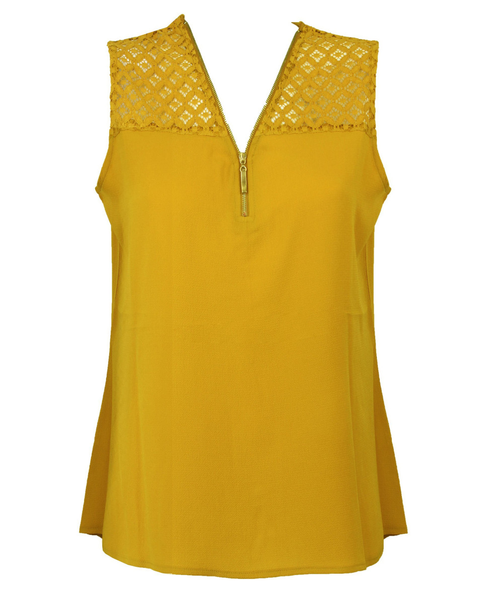 Top sans manches jaune femme – Dentelle, zip doré, polyester