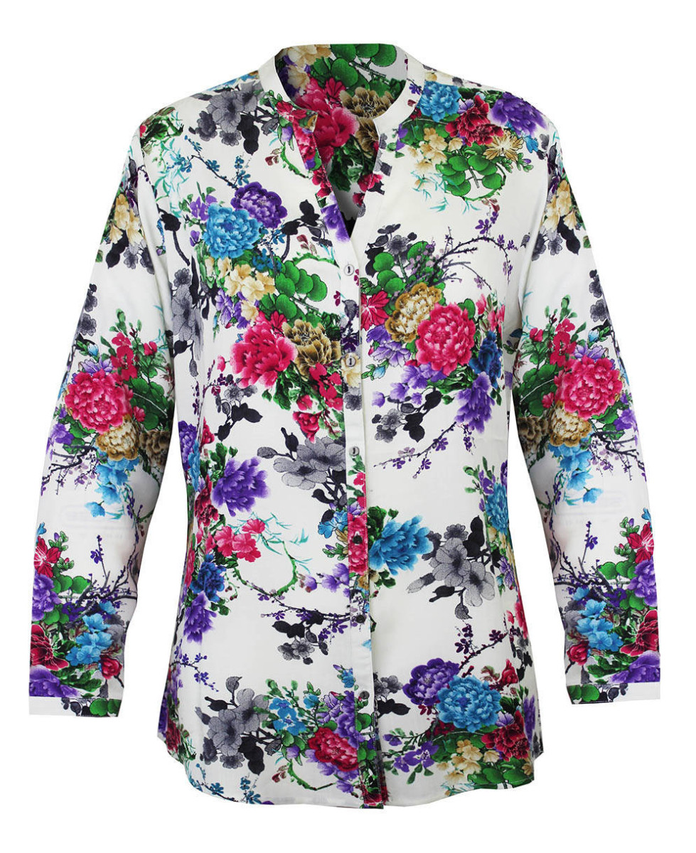 Chemisier fleuri femme rose/violet/bleu – Viscose, col ouvert