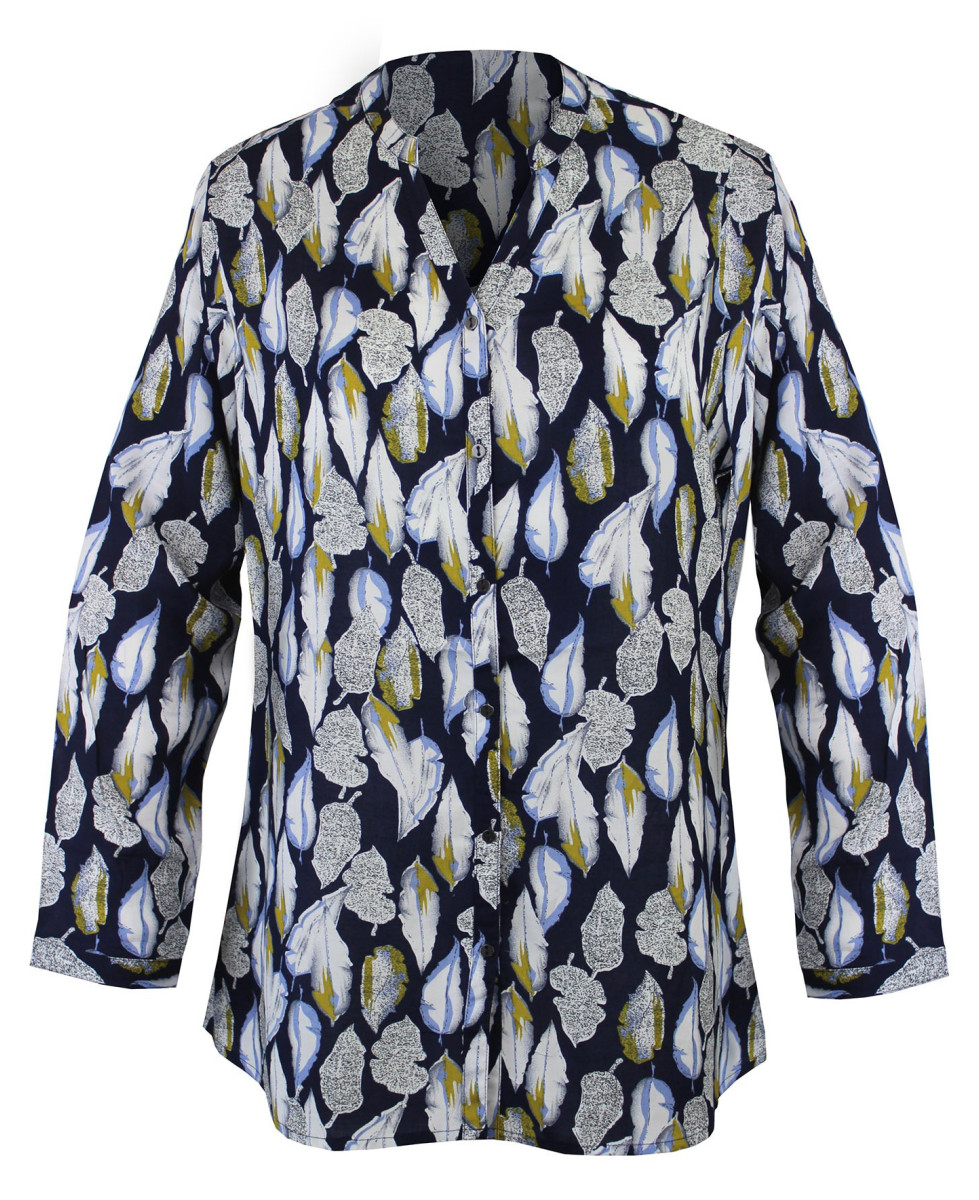 Chemisier fleuri femme marine/jaune/bleu – Viscose, manches longues