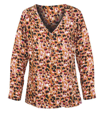 Chemisier imprimé beige/jaune viscose – Col ouvert, coupe confort