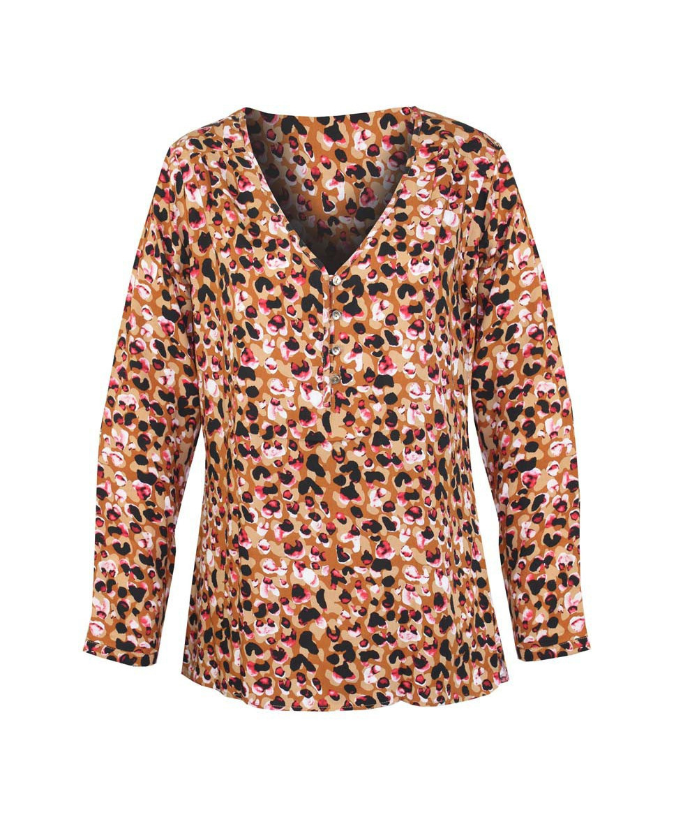 Chemisier imprimé beige/jaune viscose – Col ouvert, coupe confort