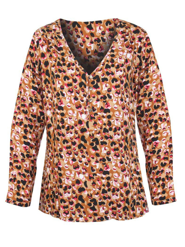 Chemisier imprimé beige/jaune viscose – Col ouvert, coupe confort