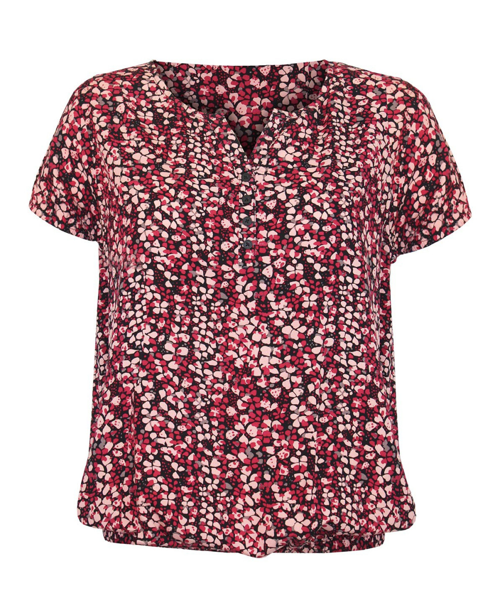 Tunique femme viscose rose/rouge/noir – Col ouvert, imprimé