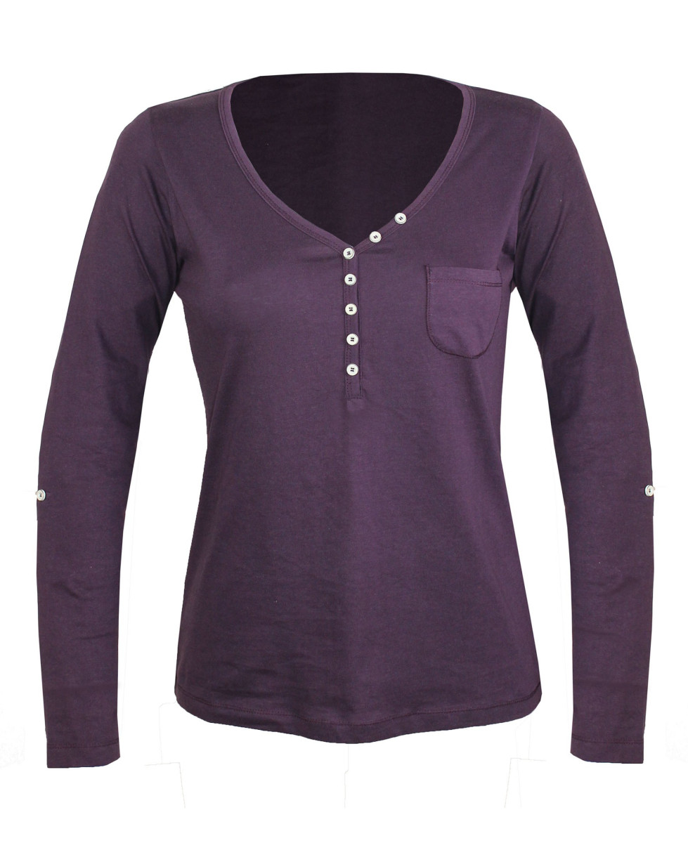 Tee-shirt prune COUGAR1P col fantaisie manches retroussables