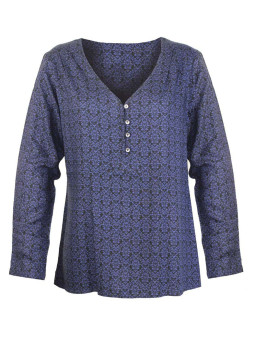 Chemisier imprimé bleu viscose – Col ouvert, entretien facile