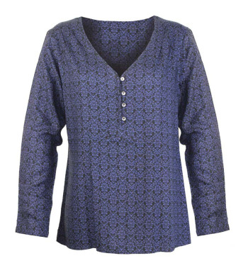 Chemisier imprimé bleu viscose – Col ouvert, entretien facile