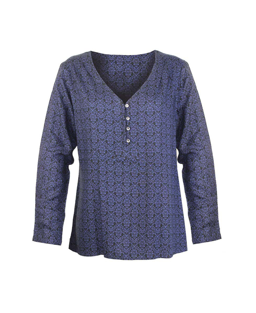 Chemisier imprimé bleu viscose – Col ouvert, entretien facile