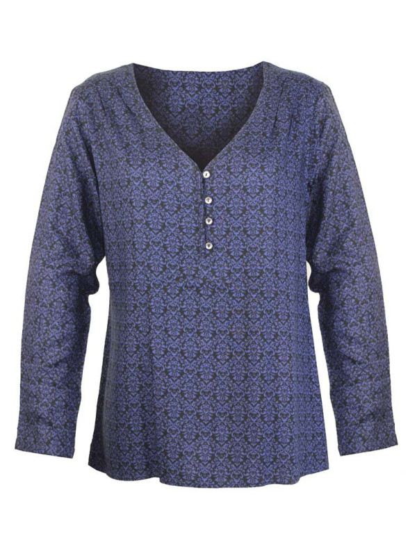 Chemisier imprimé bleu viscose – Col ouvert, entretien facile
