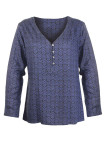 Chemisier imprimé bleu viscose – Col ouvert, entretien facile
