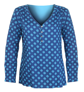 Chemisier bleu/marine motifs – Viscose, col ouvert, entretien facile