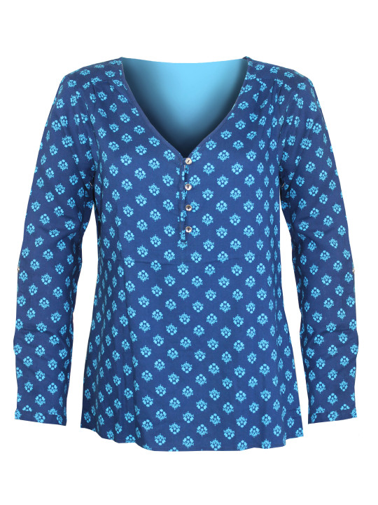 Chemisier bleu/marine motifs – Viscose, col ouvert, entretien facile