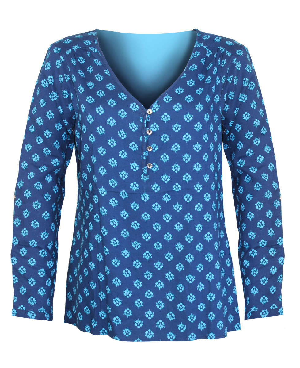Chemisier bleu/marine motifs – Viscose, col ouvert, entretien facile
