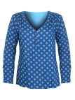 Chemisier bleu/marine motifs – Viscose, col ouvert, entretien facile