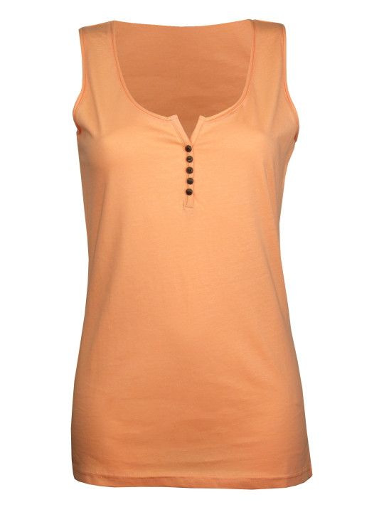Débardeur orange femme coton – Col rond roulotté, boutons