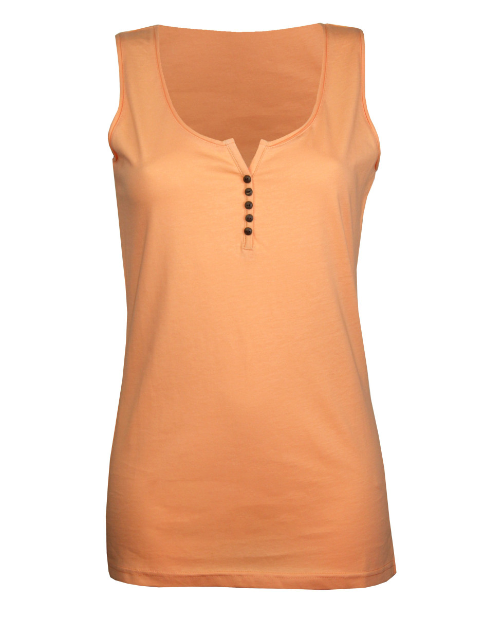 Débardeur orange femme coton – Col rond roulotté, boutons