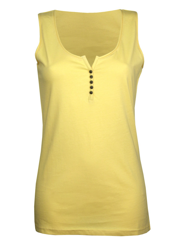 Débardeur jaune femme coton – Col rond roulotté & boutons