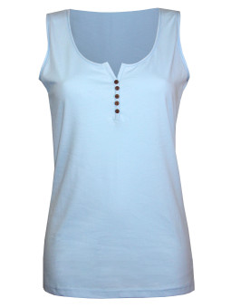 Débardeur bleu femme coton – Col rond roulotté & boutons