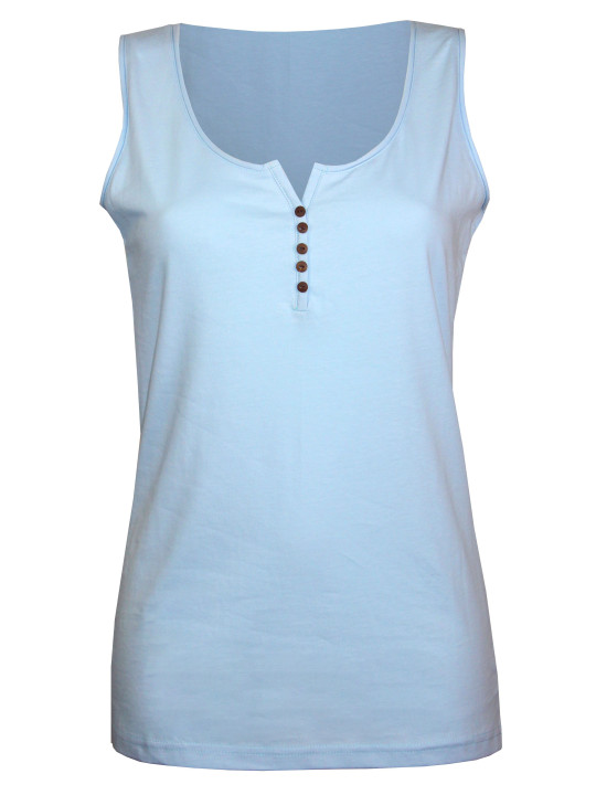 Débardeur bleu femme coton – Col rond roulotté & boutons