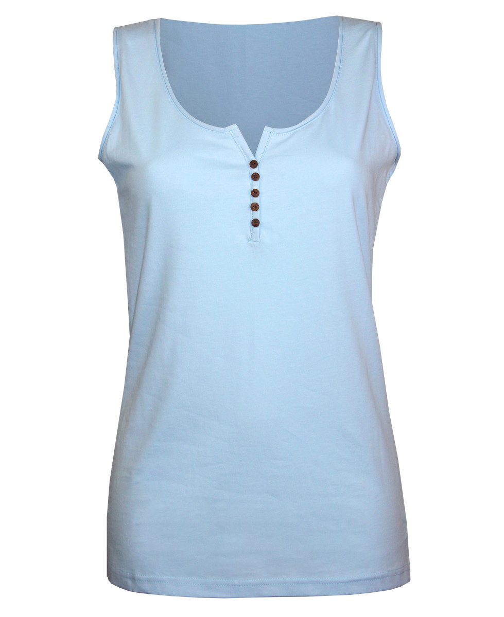 Débardeur bleu femme coton – Col rond roulotté & boutons