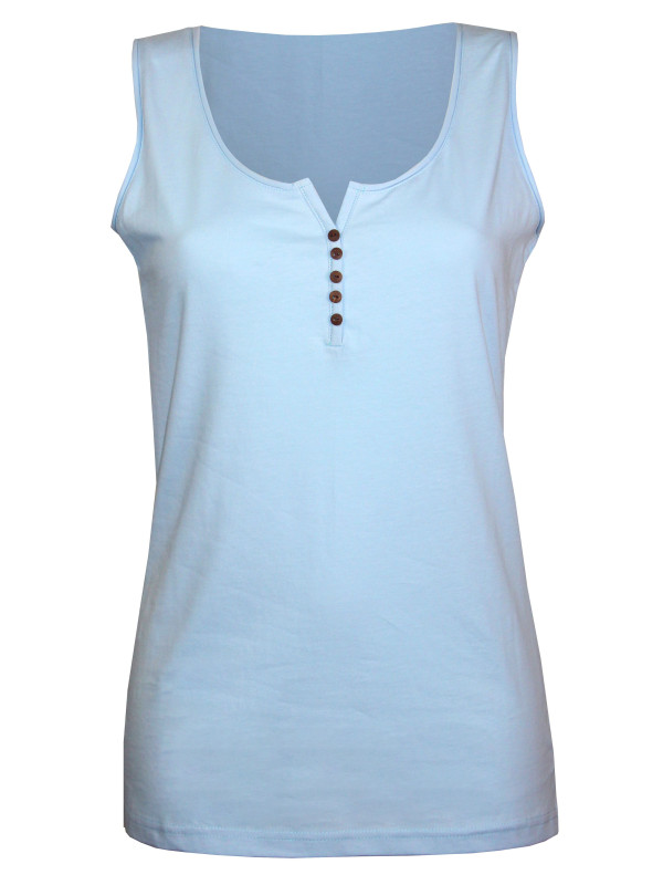Débardeur bleu femme coton – Col rond roulotté & boutons