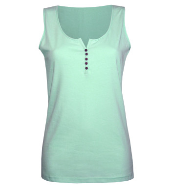 Débardeur vert femme coton – Col rond roulotté & boutons