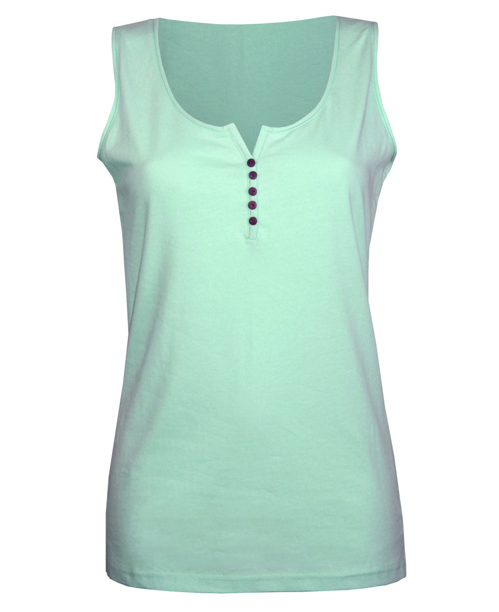 Débardeur vert femme coton – Col rond roulotté & boutons