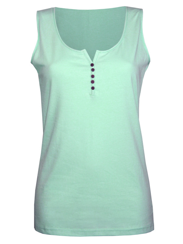 Débardeur vert femme coton – Col rond roulotté & boutons