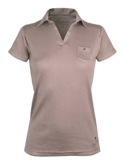 Polo femme beige coton – Col V, poche à bouton chic