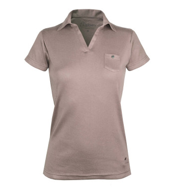 Polo femme beige coton – Col V, poche à bouton chic