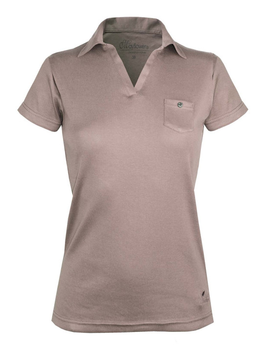 Polo femme beige coton – Col V, poche à bouton chic