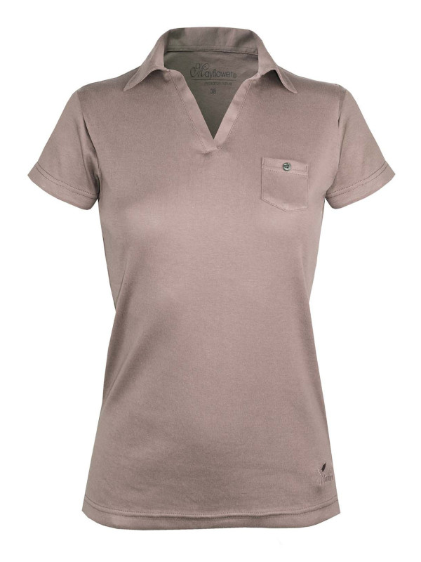 Polo femme beige coton – Col V, poche à bouton chic