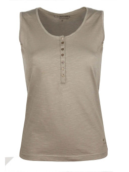 Débardeur taupe femme coton – Col tunisien, grande patte boutonnée