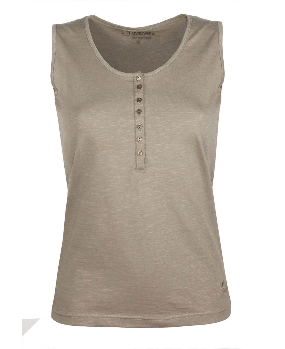 Débardeur taupe femme coton – Col tunisien, grande patte boutonnée