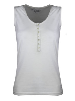 Débardeur blanc femme coton – Col tunisien, grande patte boutonnée