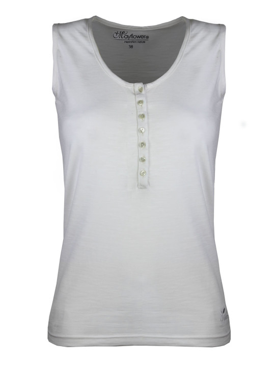 Débardeur blanc femme coton – Col tunisien, grande patte boutonnée