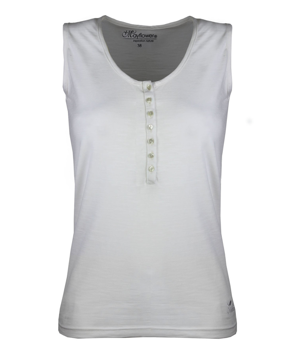 Débardeur blanc femme coton – Col tunisien, grande patte boutonnée