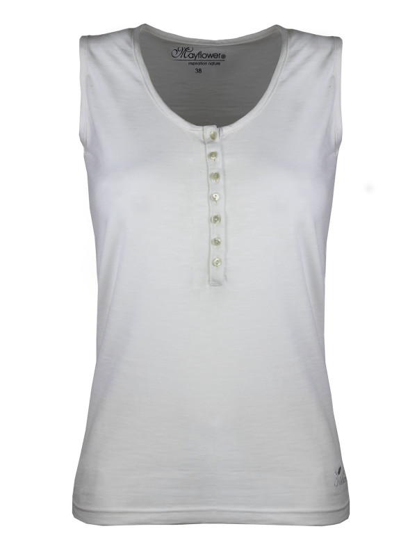 Débardeur blanc femme coton – Col tunisien, grande patte boutonnée
