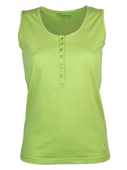 Débardeur vert anis coton femme – Col tunisien, patte boutonnée