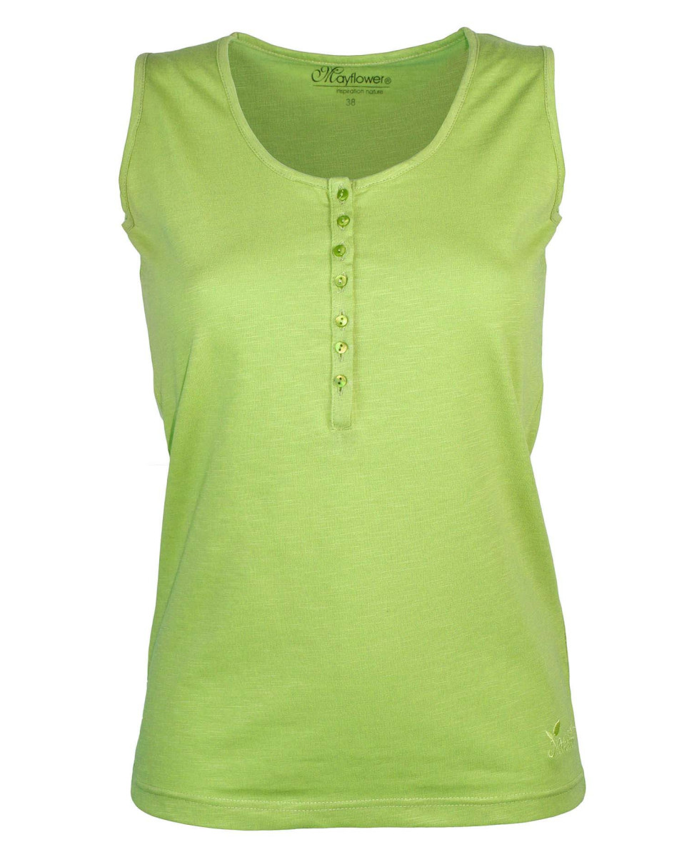 Débardeur vert anis coton femme – Col tunisien, patte boutonnée