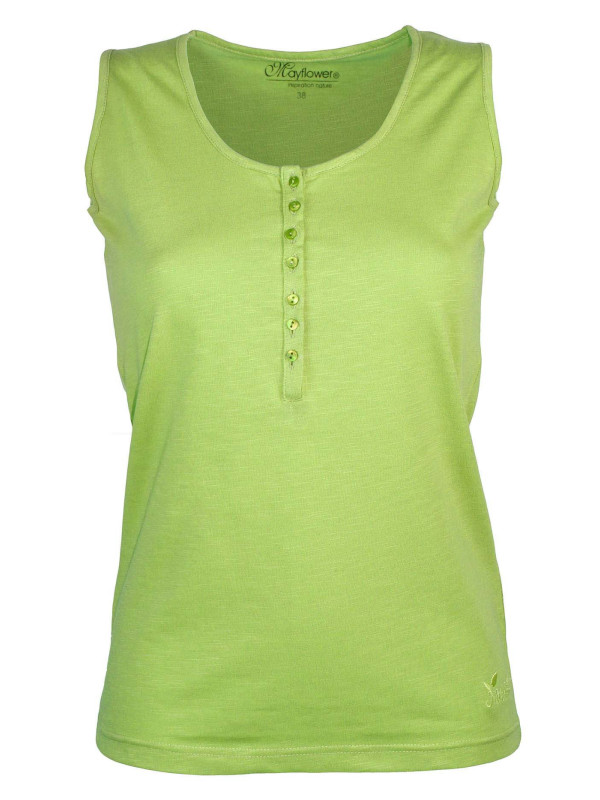 Débardeur vert anis coton femme – Col tunisien, patte boutonnée