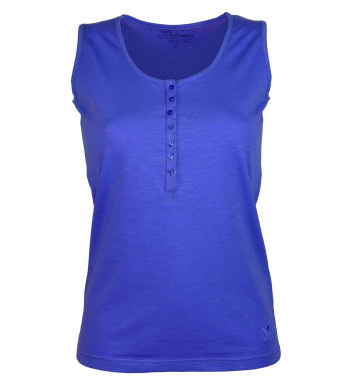 Débardeur indigo coton femme – Col tunisien, grande patte boutonnée