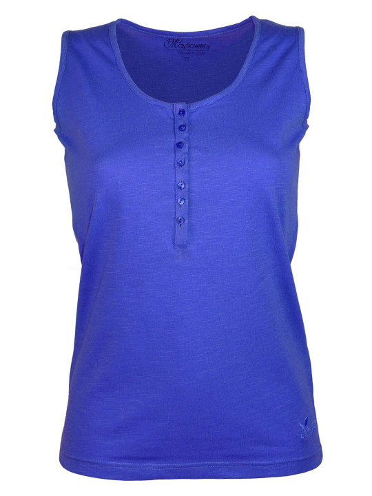 Débardeur indigo coton femme – Col tunisien, grande patte boutonnée