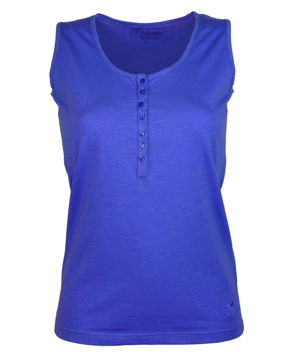 Débardeur indigo coton femme – Col tunisien, grande patte boutonnée